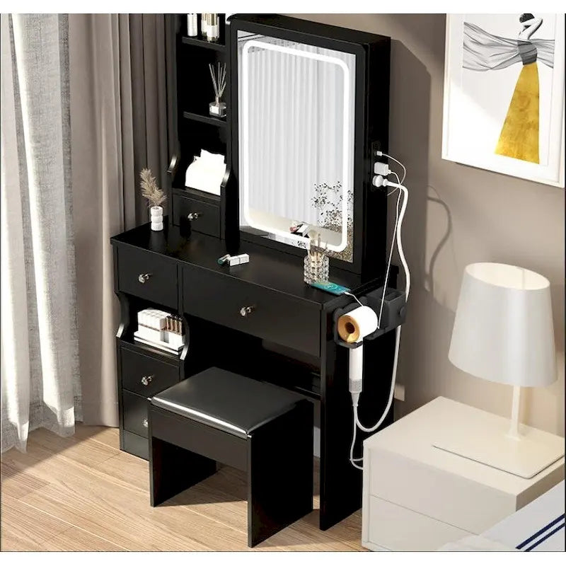 Coiffeuse de Maquillage à Tiroir Gauche avec Miroir LED, Station d'Alimentation USB et Tabouret Rembourré