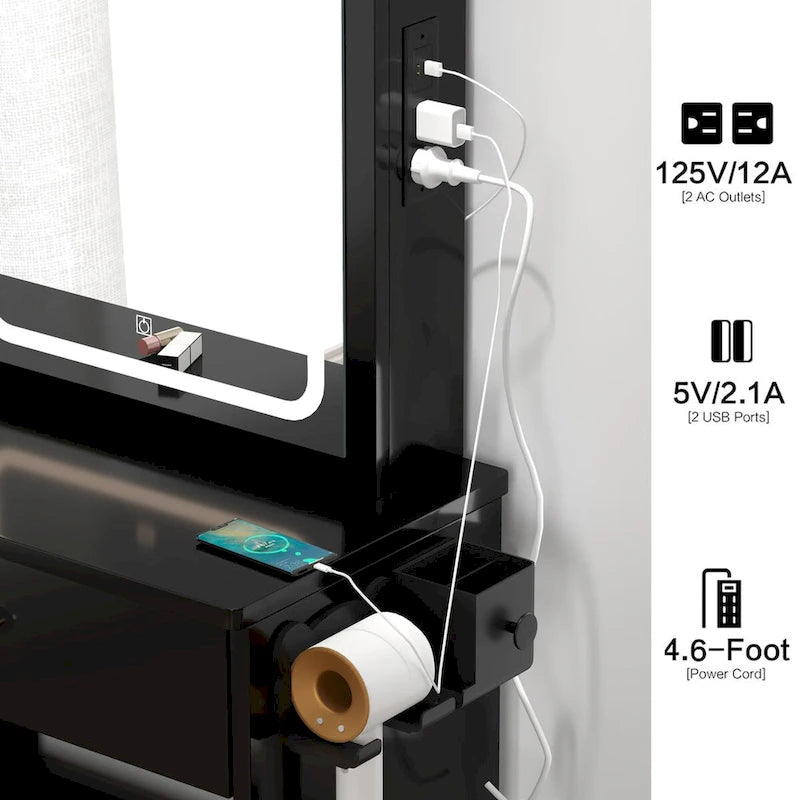 Coiffeuse de Maquillage à Tiroir Gauche avec Miroir LED, Station d'Alimentation USB et Tabouret Rembourré