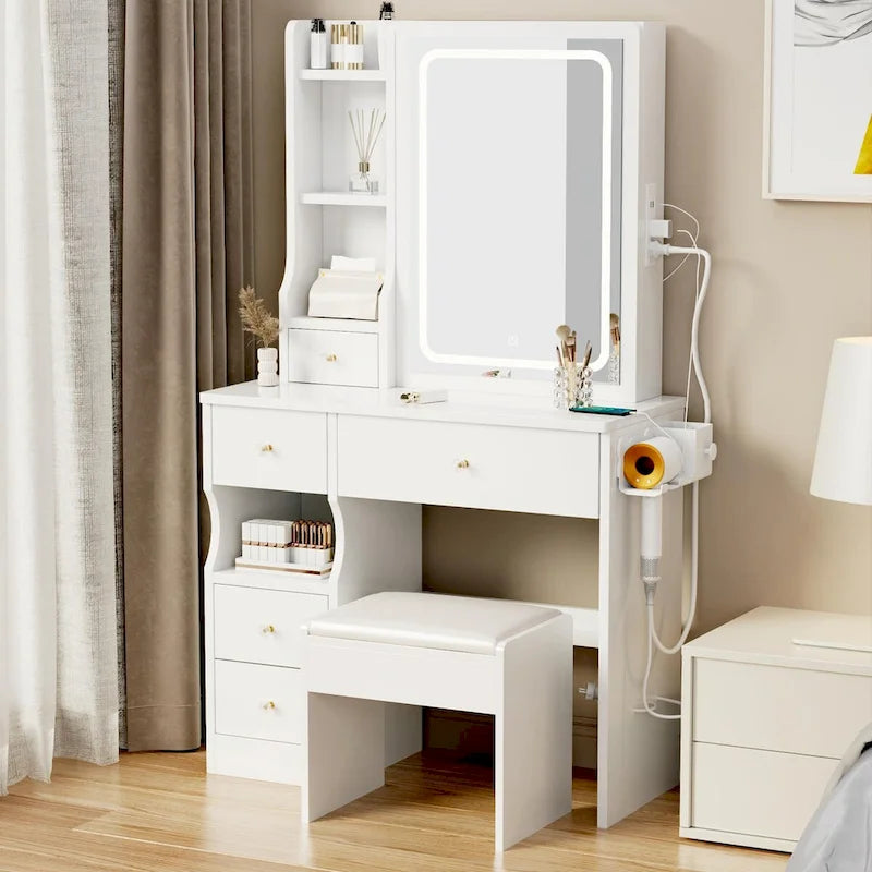 Coiffeuse de Maquillage à Tiroir Gauche avec Miroir LED, Station d'Alimentation USB et Tabouret Rembourré