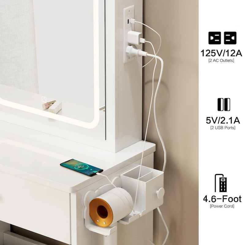 Coiffeuse de Maquillage à Tiroir Gauche avec Miroir LED, Station d'Alimentation USB et Tabouret Rembourré
