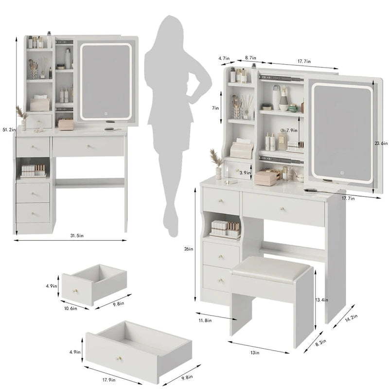 Coiffeuse de Maquillage à Tiroir Gauche avec Miroir LED, Station d'Alimentation USB et Tabouret Rembourré