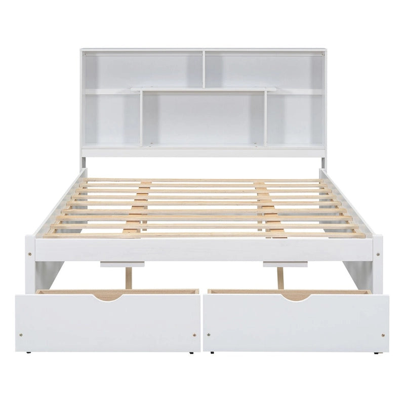 Lit plateforme Queen Size avec tête de lit de rangement et 2 tiroirs