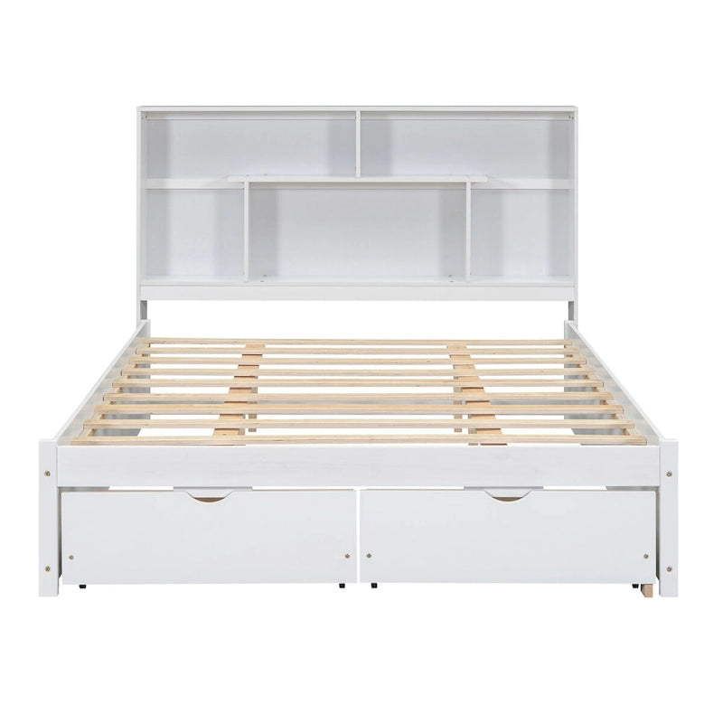 Lit plateforme Queen Size avec tête de lit de rangement et 2 tiroirs