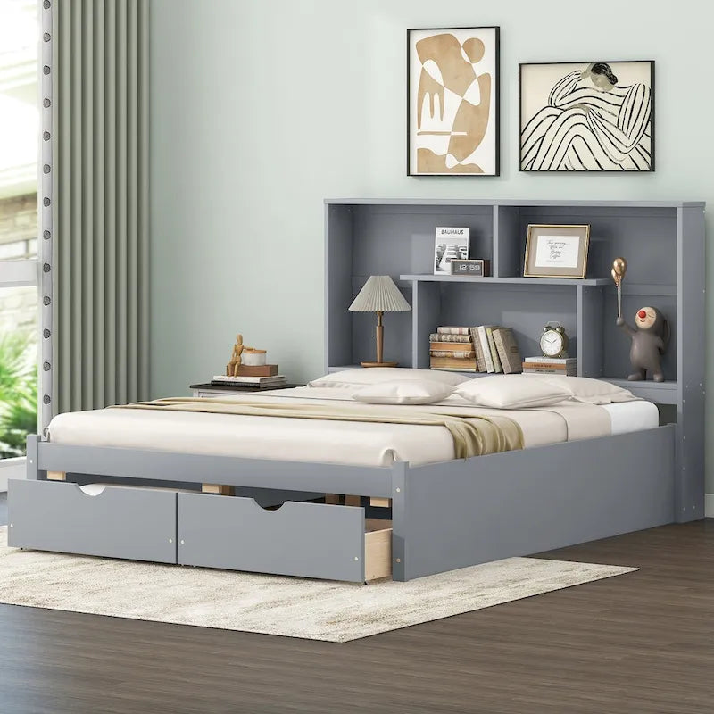 Lit plateforme Queen Size avec tête de lit de rangement et 2 tiroirs