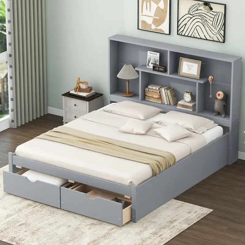 Lit plateforme Queen Size avec tête de lit de rangement et 2 tiroirs