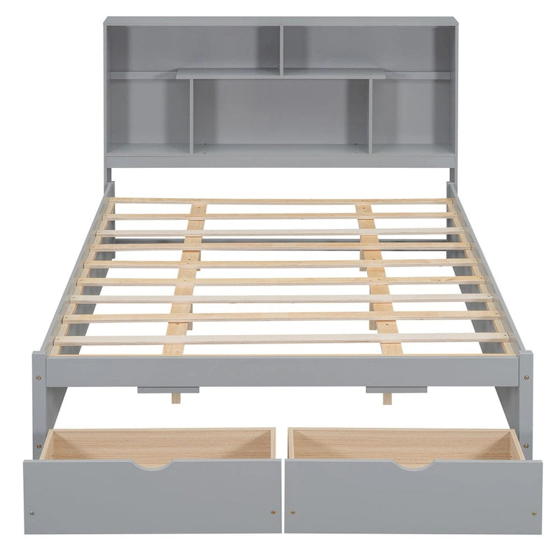 Lit plateforme Queen Size avec tête de lit de rangement et 2 tiroirs