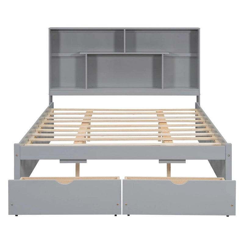 Lit plateforme Queen Size avec tête de lit de rangement et 2 tiroirs