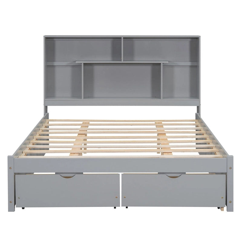 Lit plateforme Queen Size avec tête de lit de rangement et 2 tiroirs