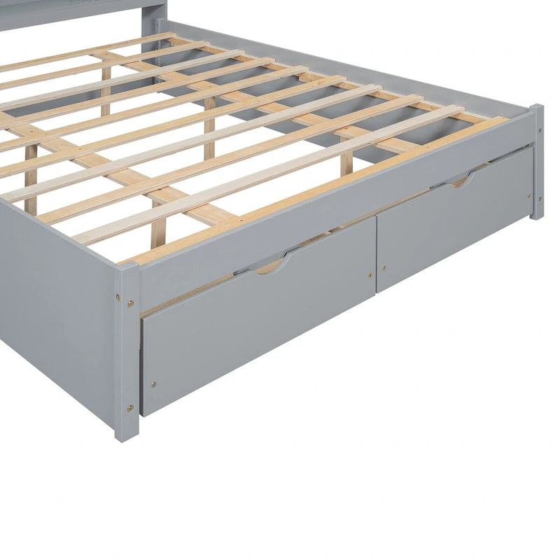 Lit plateforme Queen Size avec tête de lit de rangement et 2 tiroirs