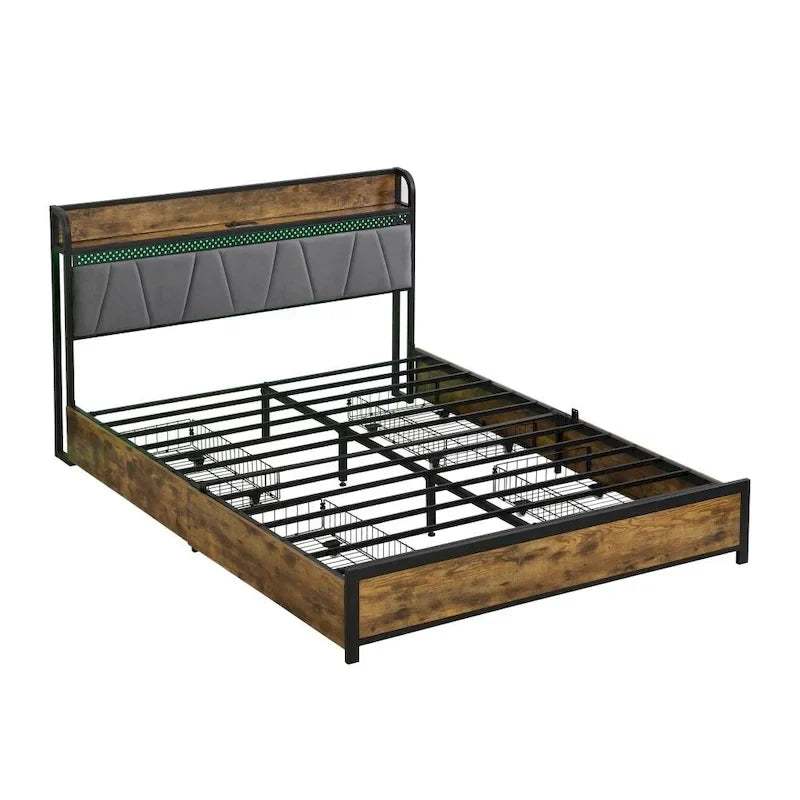 Tête de lit de rangement avec station de recharge et 4 tiroirs de rangement