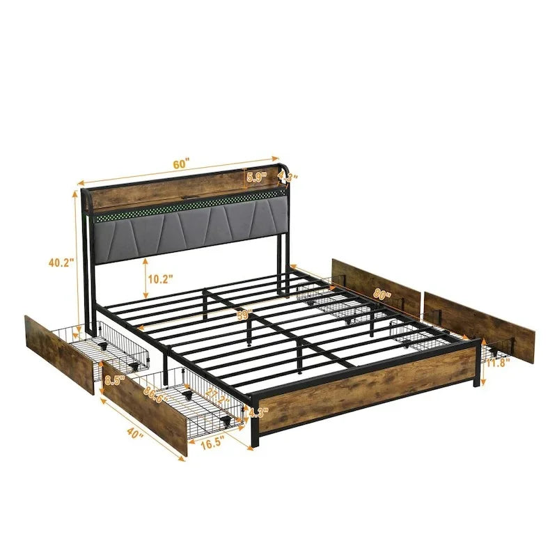 Tête de lit de rangement avec station de recharge et 4 tiroirs de rangement