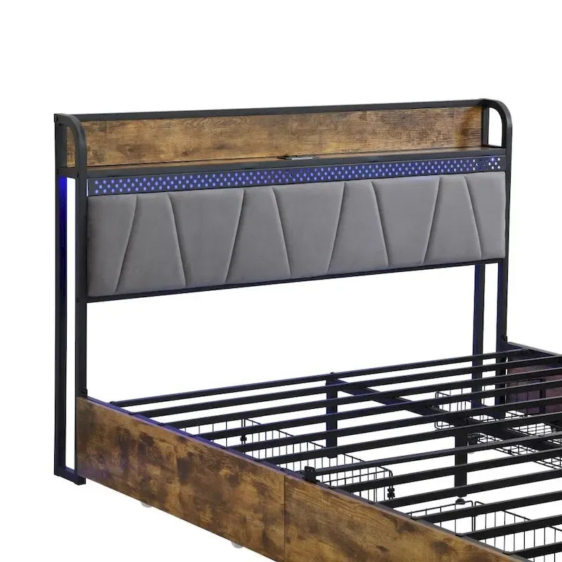 Tête de lit de rangement avec station de recharge et 4 tiroirs de rangement