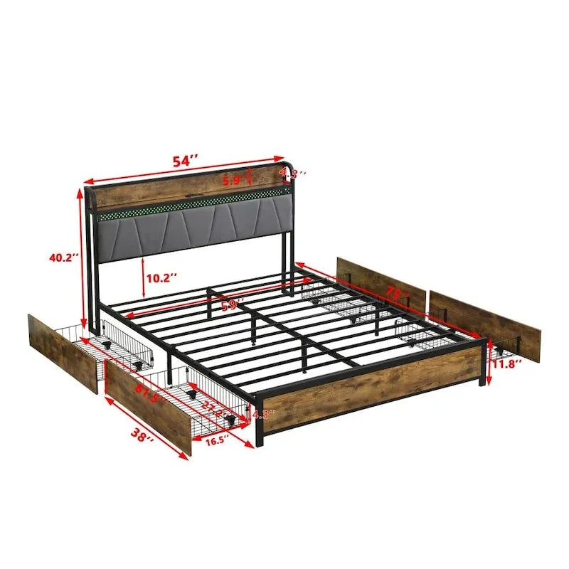 Tête de lit de rangement avec station de recharge et 4 tiroirs de rangement