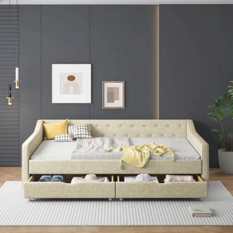 Lit banquette double rembourré avec tiroirs pour chambre à coucher