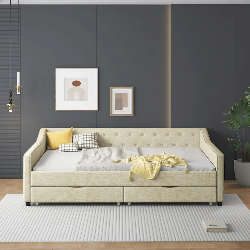 Lit banquette double rembourré avec tiroirs pour chambre à coucher