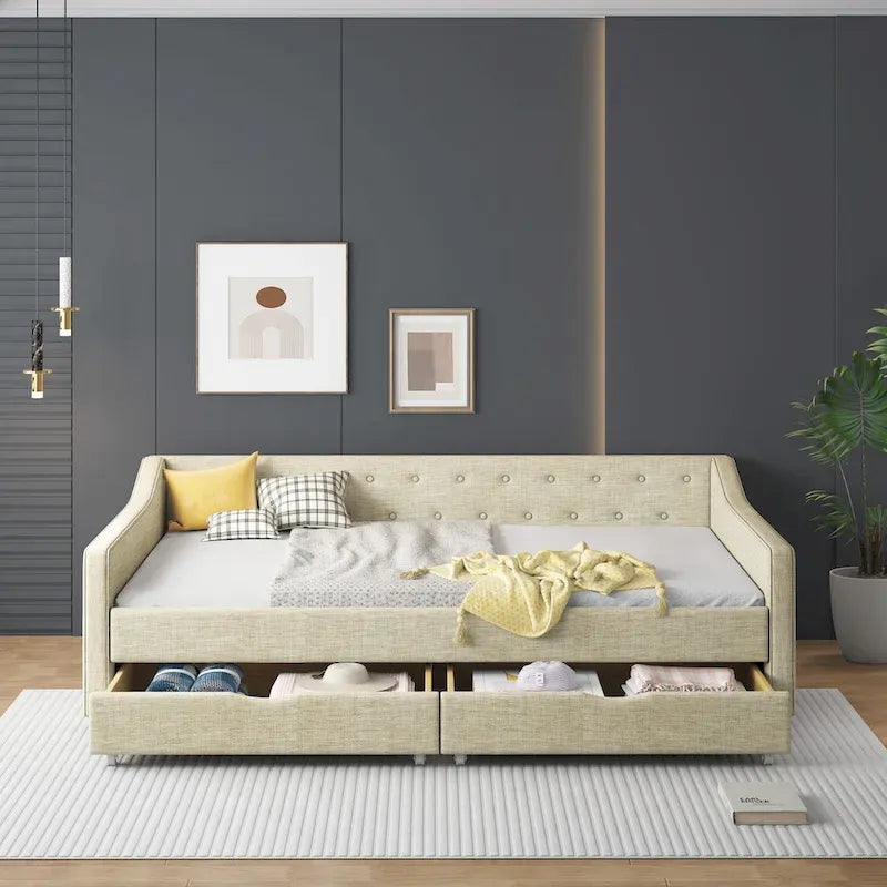 Lit banquette double rembourré avec tiroirs pour chambre à coucher