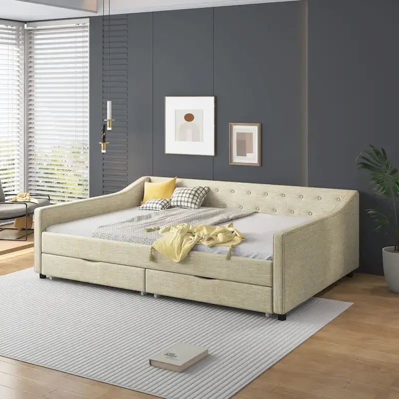 Lit banquette double rembourré avec tiroirs pour chambre à coucher