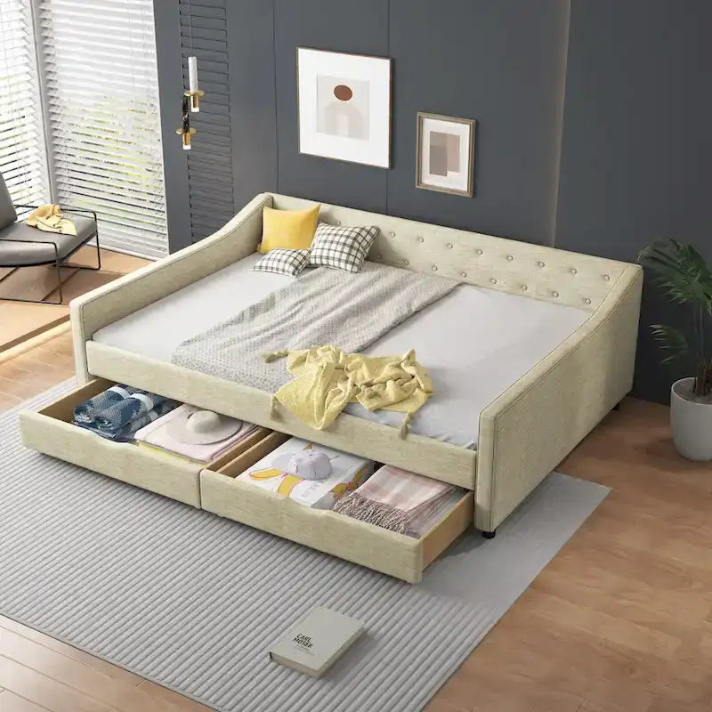 Lit banquette double rembourré avec tiroirs pour chambre à coucher