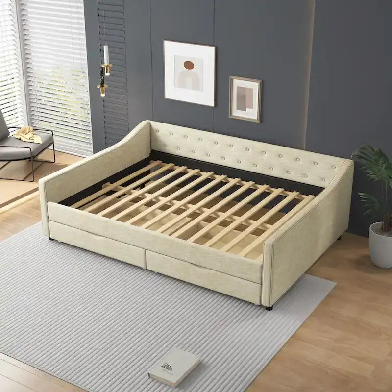 Lit banquette double rembourré avec tiroirs pour chambre à coucher