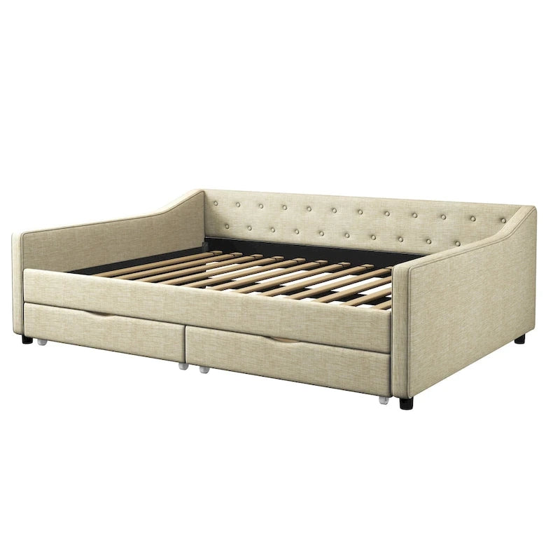 Lit banquette double rembourré avec tiroirs pour chambre à coucher