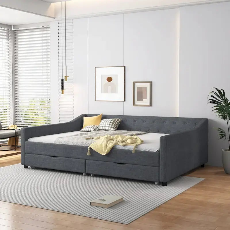 Lit banquette double rembourré avec tiroirs pour chambre à coucher