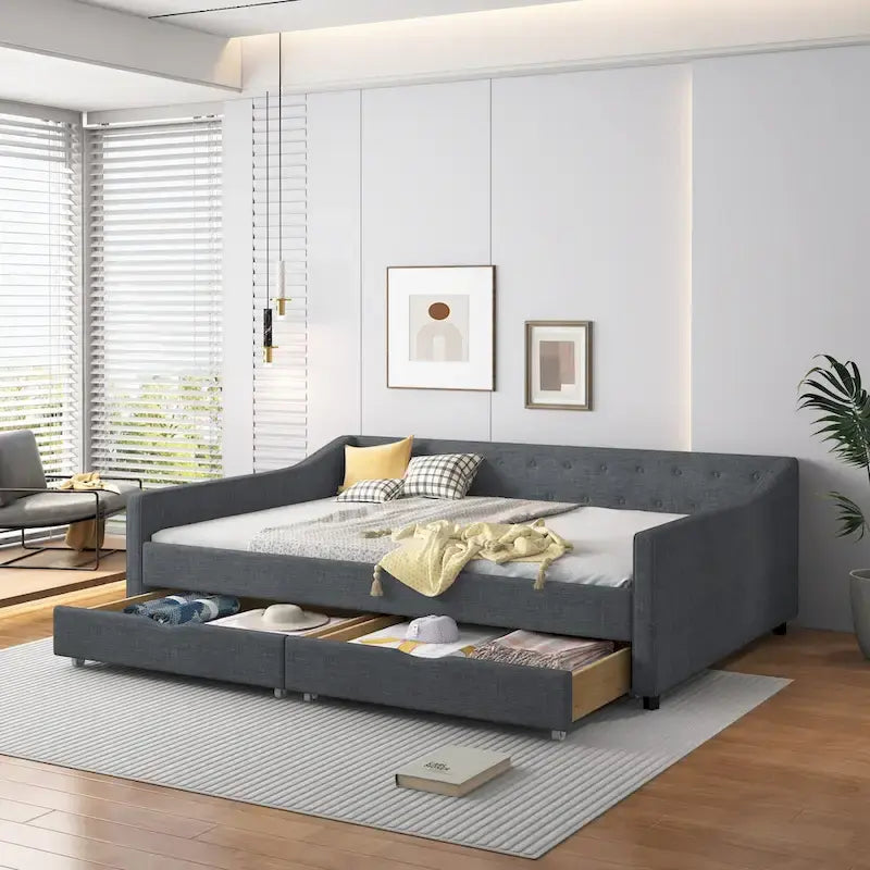 Lit banquette double rembourré avec tiroirs pour chambre à coucher