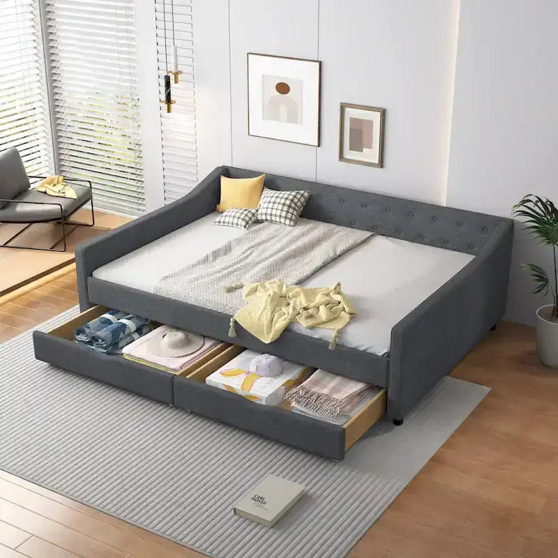 Lit banquette double rembourré avec tiroirs pour chambre à coucher