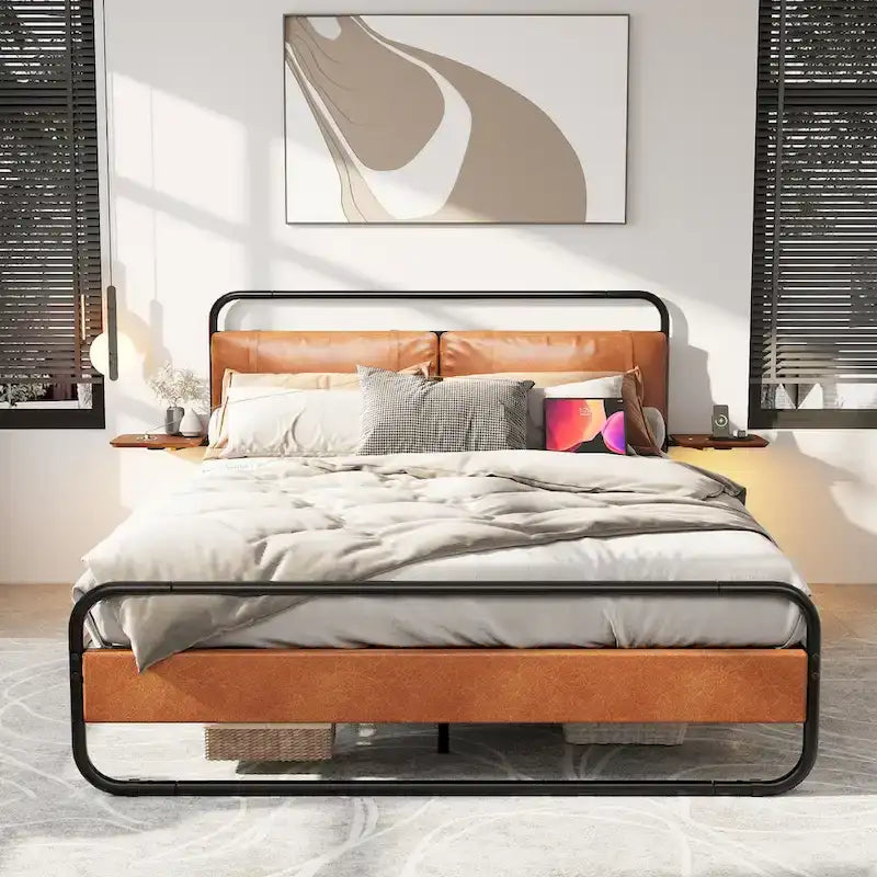 Cadre de lit en métal avec tête de lit capitonnée, chargement sans fil, USB A, USB C et lumière LED