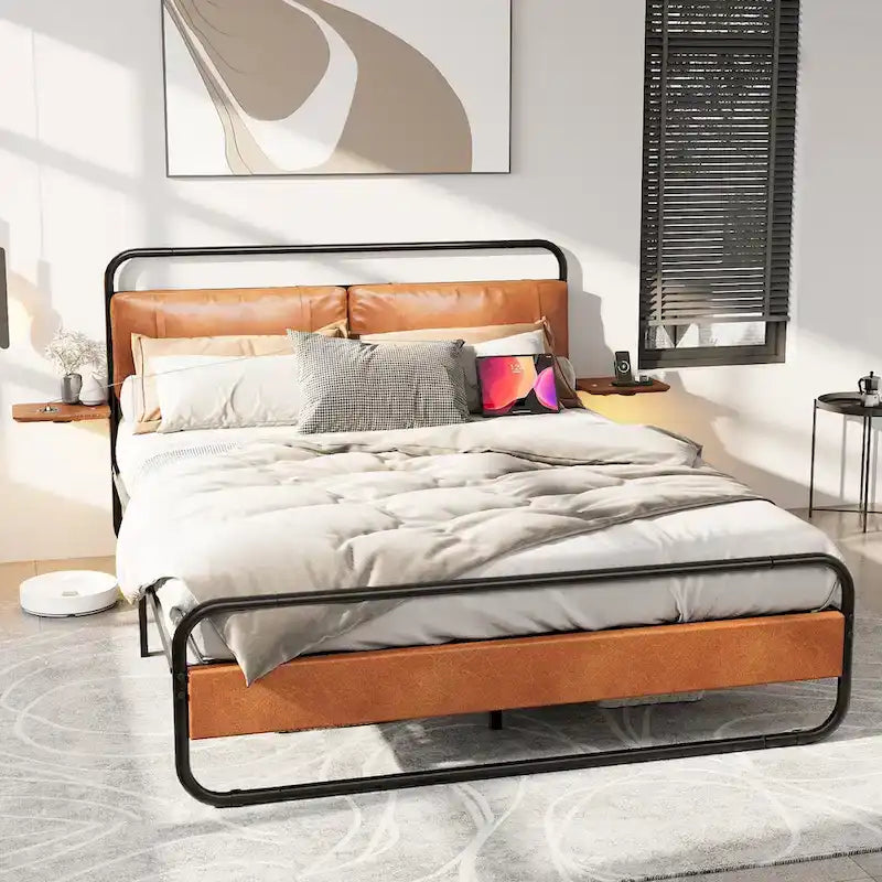 Cadre de lit en métal avec tête de lit capitonnée, chargement sans fil, USB A, USB C et lumière LED