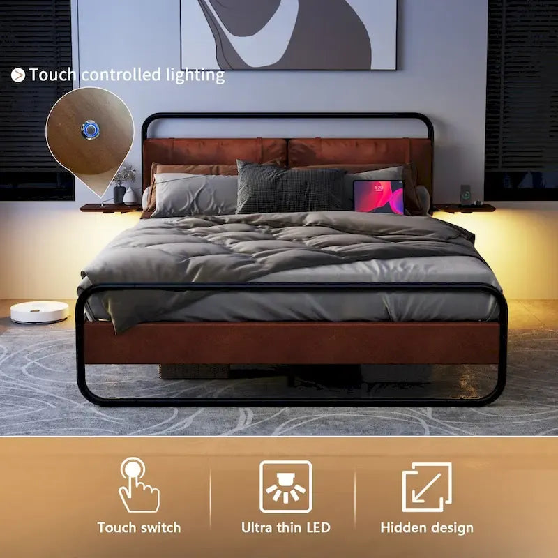 Cadre de lit en métal avec tête de lit capitonnée, chargement sans fil, USB A, USB C et lumière LED