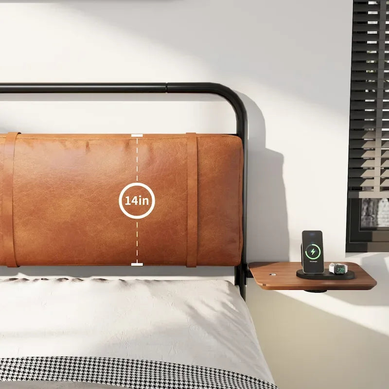 Cadre de lit en métal avec tête de lit capitonnée, chargement sans fil, USB A, USB C et lumière LED