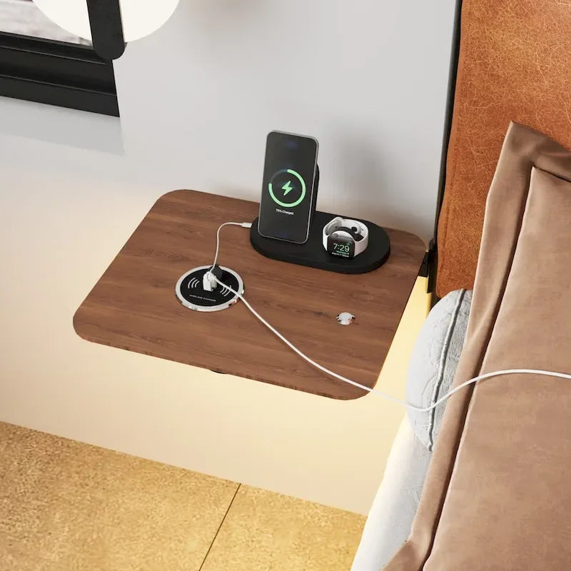 Cadre de lit en métal avec tête de lit capitonnée, chargement sans fil, USB A, USB C et lumière LED