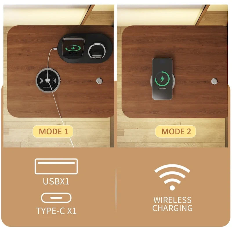 Cadre de lit en métal avec tête de lit capitonnée, chargement sans fil, USB A, USB C et lumière LED