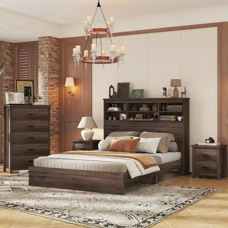 Ensembles de chambre à coucher 4 pièces grand lit (Queen Size) en bois vintage avec 2 tables de chevet et 1 commode