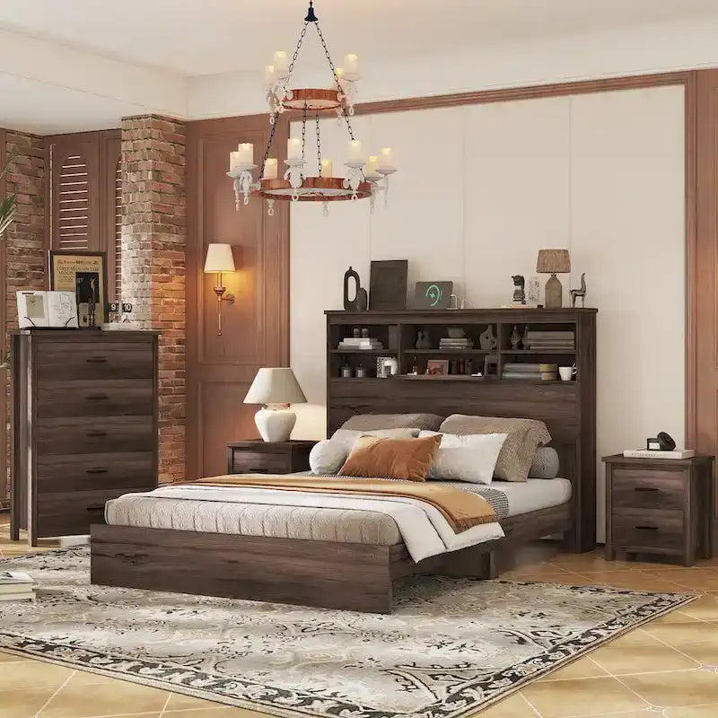 4-Pieces Bedroom Sets Queen Size Vintage Wooden Bed Frame with 2 Nightstands and 1 Dresser