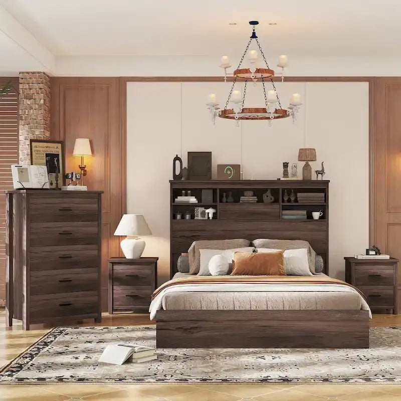 Ensembles de chambre à coucher 4 pièces grand lit (Queen Size) en bois vintage avec 2 tables de chevet et 1 commode