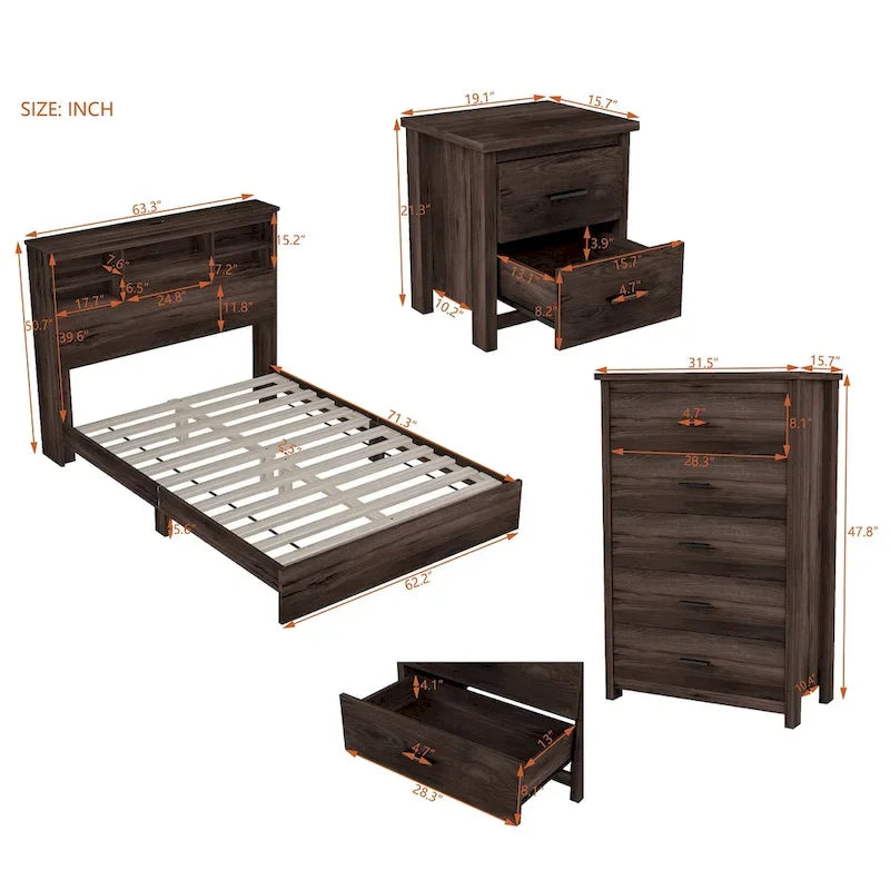 Ensembles de chambre à coucher 4 pièces grand lit (Queen Size) en bois vintage avec 2 tables de chevet et 1 commode