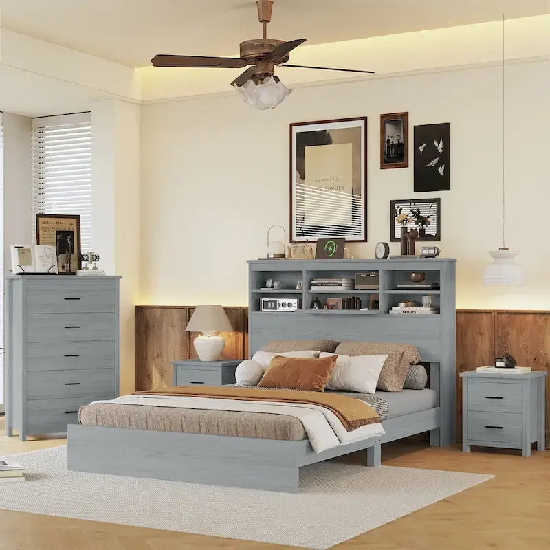Ensembles de chambre à coucher 4 pièces grand lit (Queen Size) en bois vintage avec 2 tables de chevet et 1 commode