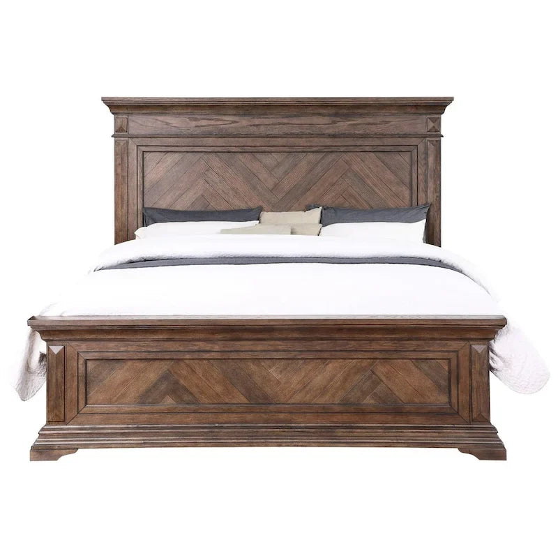 Lit Queen Size Marv, motif parquet, style traditionnel, bois brossé marron