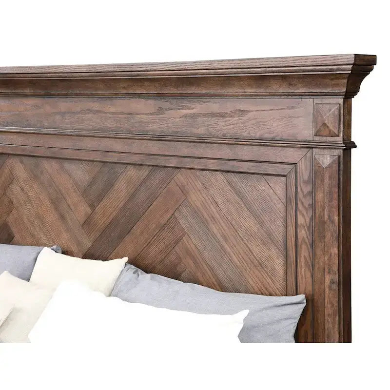 Lit Queen Size Marv, motif parquet, style traditionnel, bois brossé marron