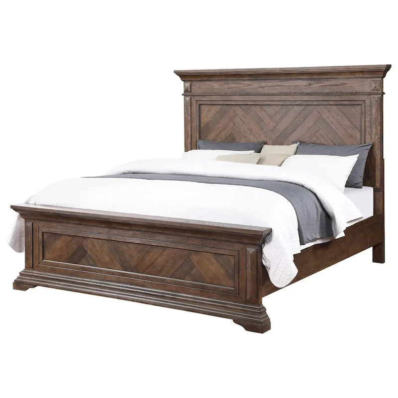 Lit Queen Size Marv, motif parquet, style traditionnel, bois brossé marron