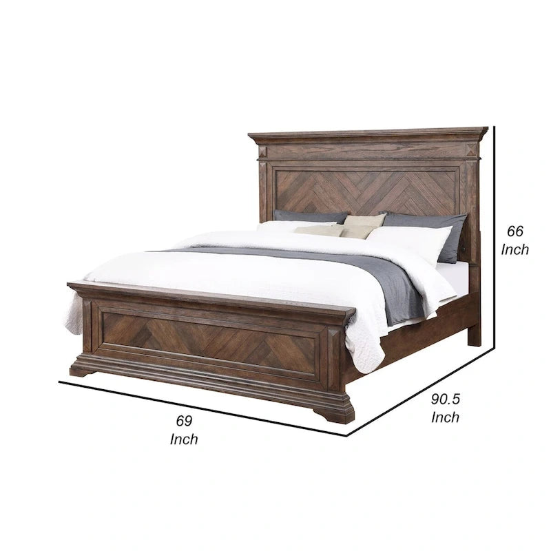 Lit Queen Size Marv, motif parquet, style traditionnel, bois brossé marron