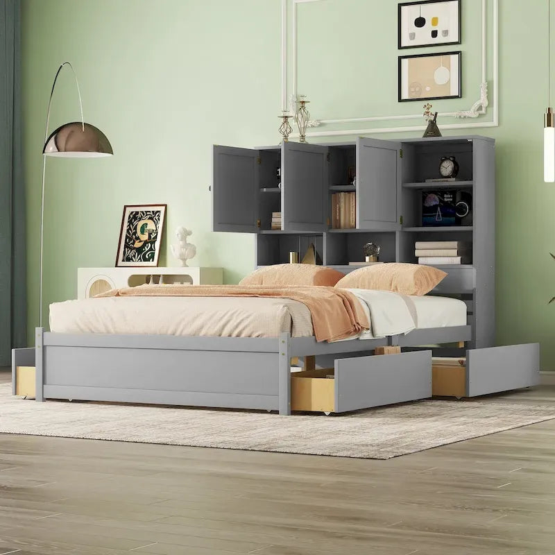 Lit plateforme Queen Size avec tête de lit de rangement et 4 tiroirs
