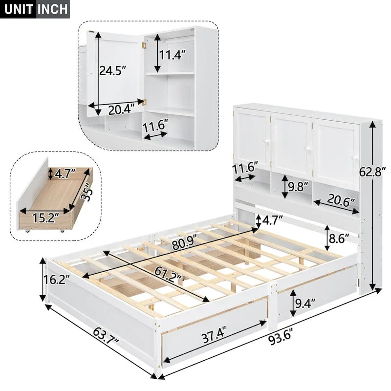 Lit plateforme Queen Size avec tête de lit de rangement et 4 tiroirs