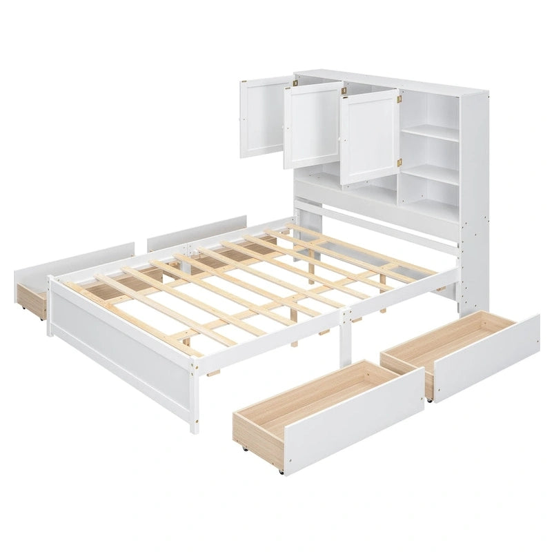 Lit plateforme Queen Size avec tête de lit de rangement et 4 tiroirs