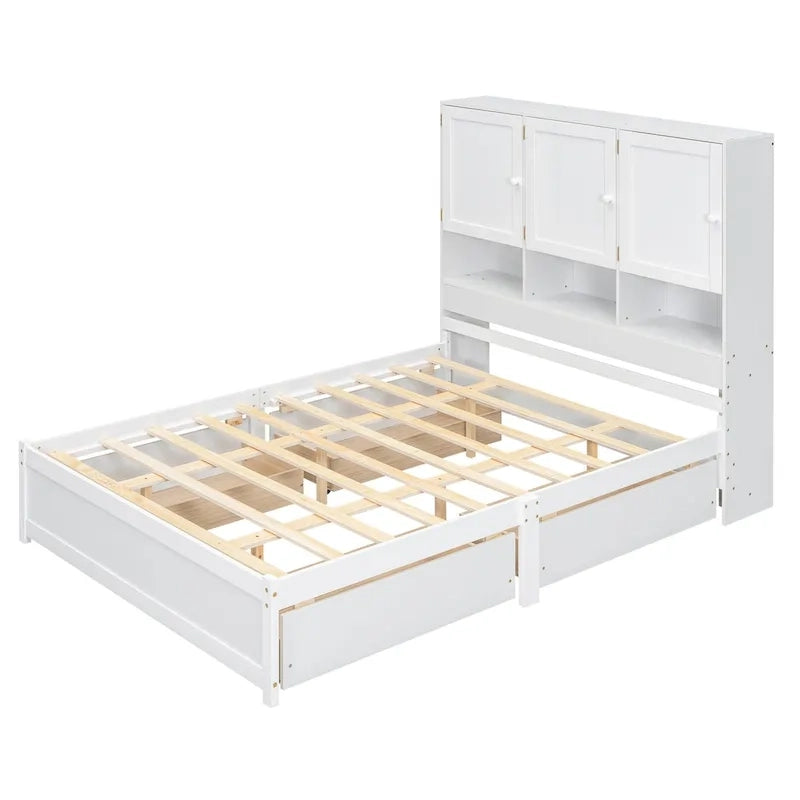 Lit plateforme Queen Size avec tête de lit de rangement et 4 tiroirs