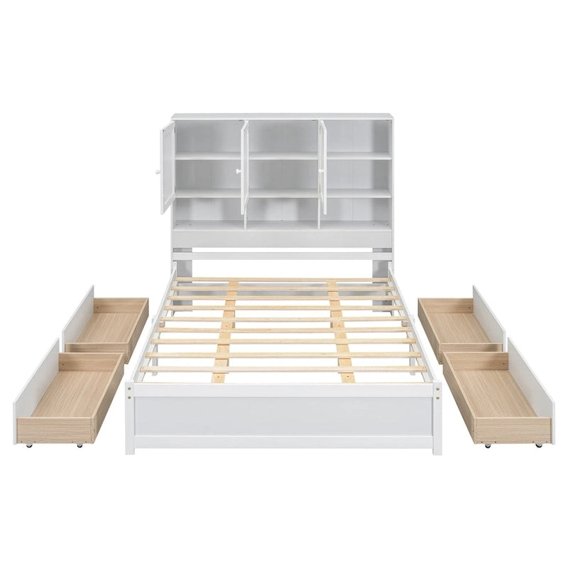 Lit plateforme Queen Size avec tête de lit de rangement et 4 tiroirs
