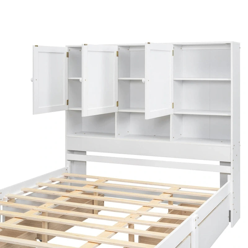 Lit plateforme Queen Size avec tête de lit de rangement et 4 tiroirs