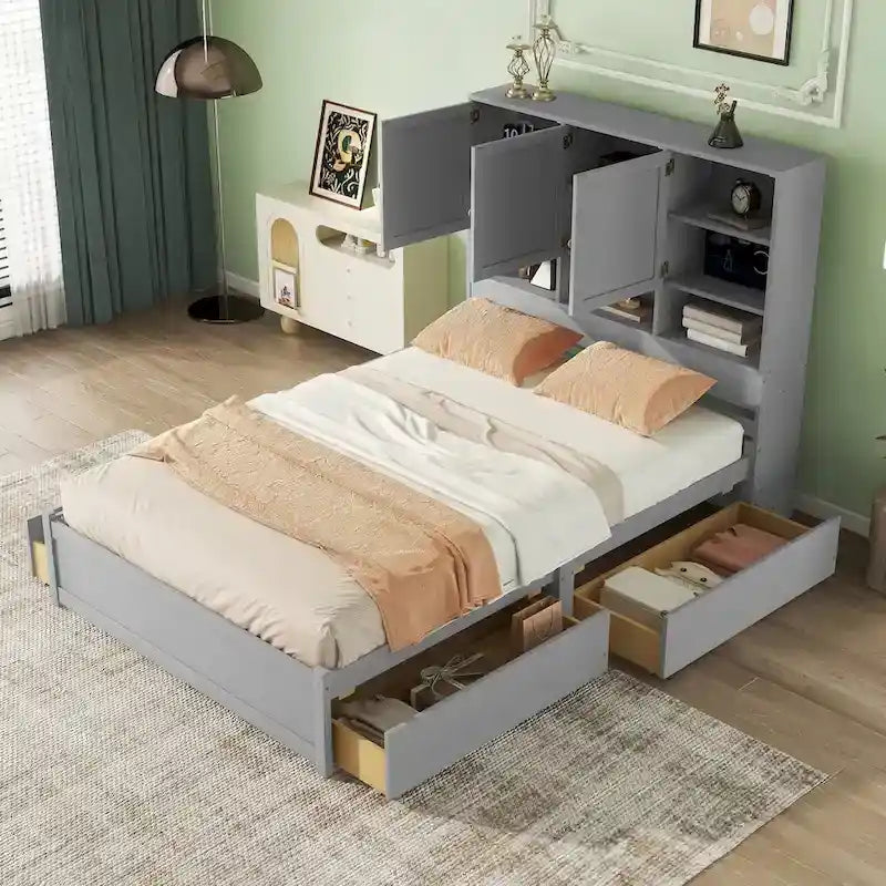 Lit plateforme Queen Size avec tête de lit de rangement et 4 tiroirs
