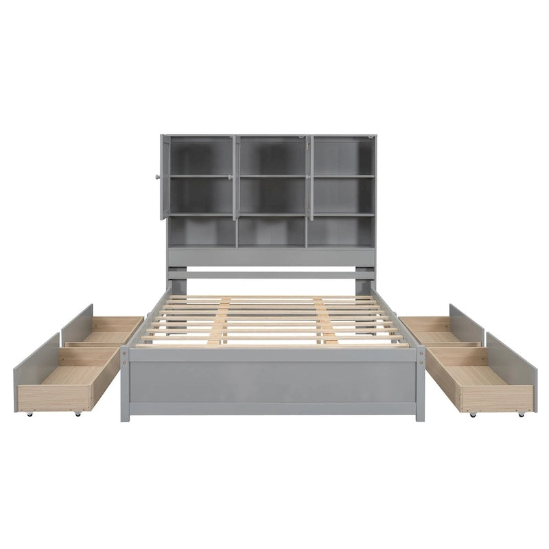 Lit plateforme Queen Size avec tête de lit de rangement et 4 tiroirs
